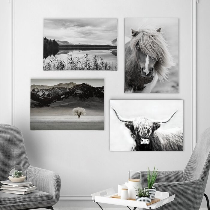 four black and white photo prints in a living room