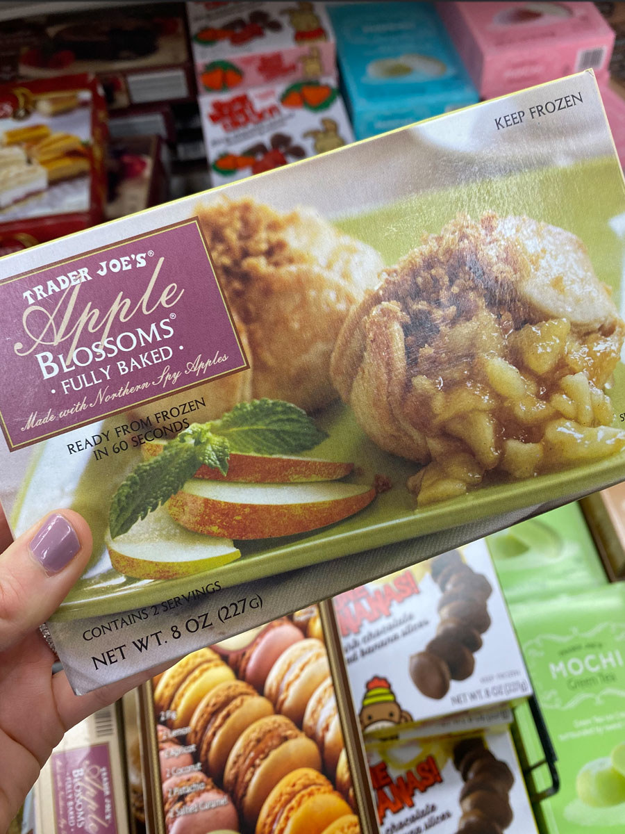 A box of Trader Joe&#x27;s apple blossoms.