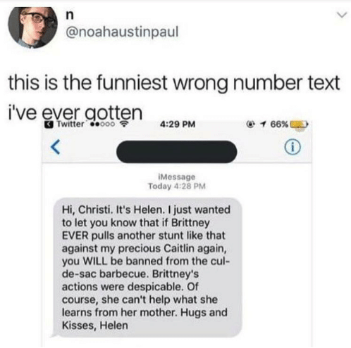 Wrong-number text from a woman named Helen freaking out about a someone&#x27;s child&#x27;s behavior at a barbecue