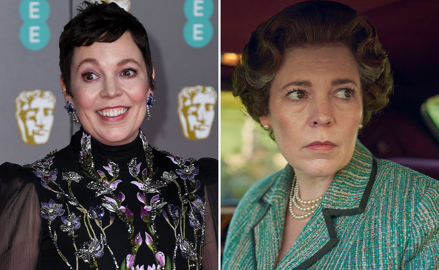 Olivia Colman on the left and Olivia Colman as Queen Elizabeth II on the right