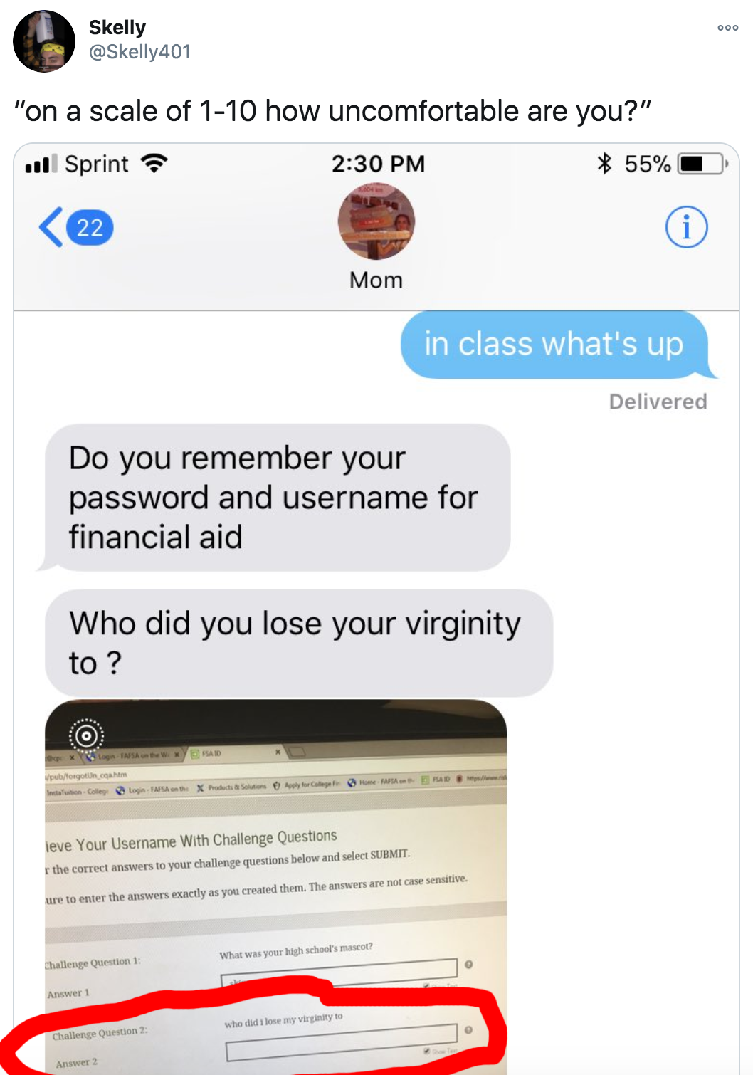 tweet of a mom asking her son who he lost his virginity to because it&#x27;s his security question