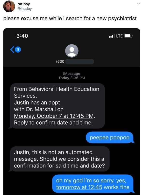 Tweet of a person replying &quot;peepee poo poo&quot; to what they think is an automated text but is actually from a behavioral health doctor