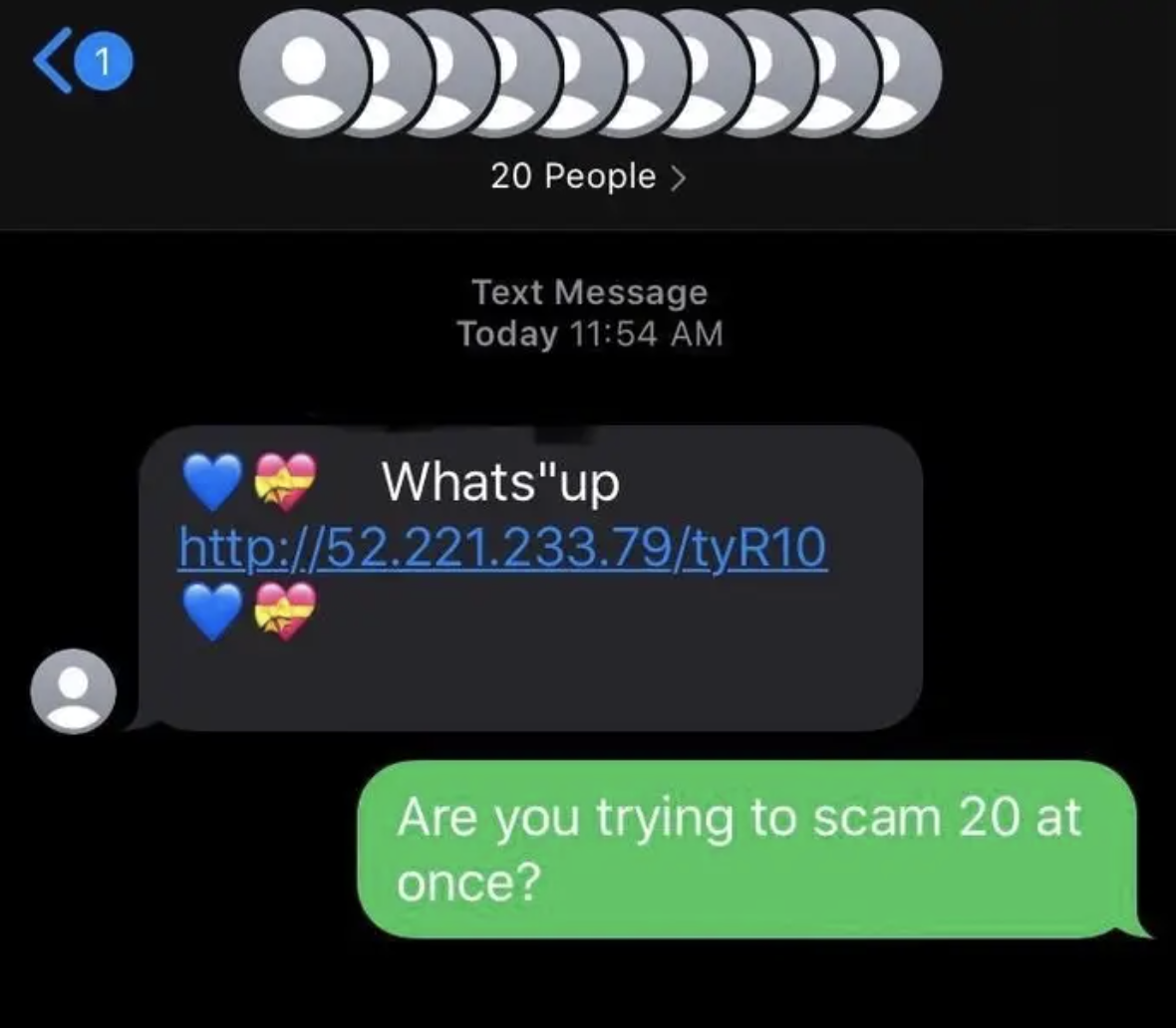 Text of someone texting 20 people at once to scam them