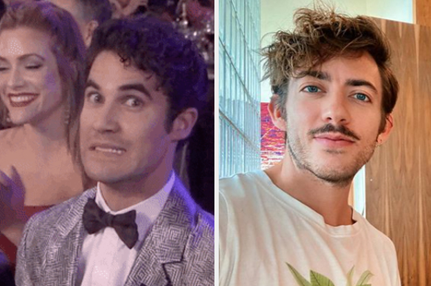 Darren Criss cringing at an award show. A selfie of Kevin McHale.