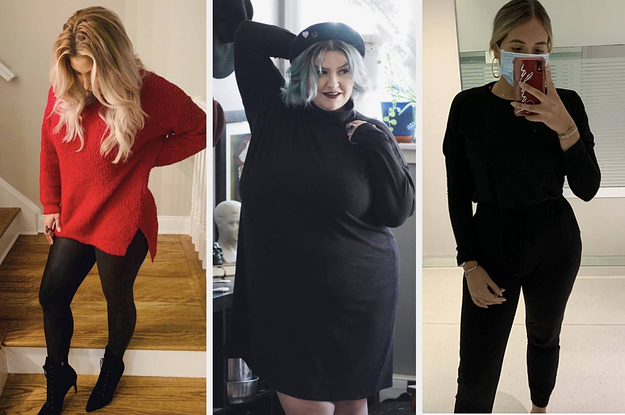 on left reviewer wearing red sweater, in middle reviewer wearing black dress, on right reviewer wearing black matching sweater and sweats