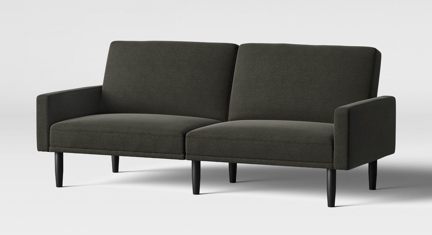 Charcoal upholstered sofa with six sturdy wooden legs
