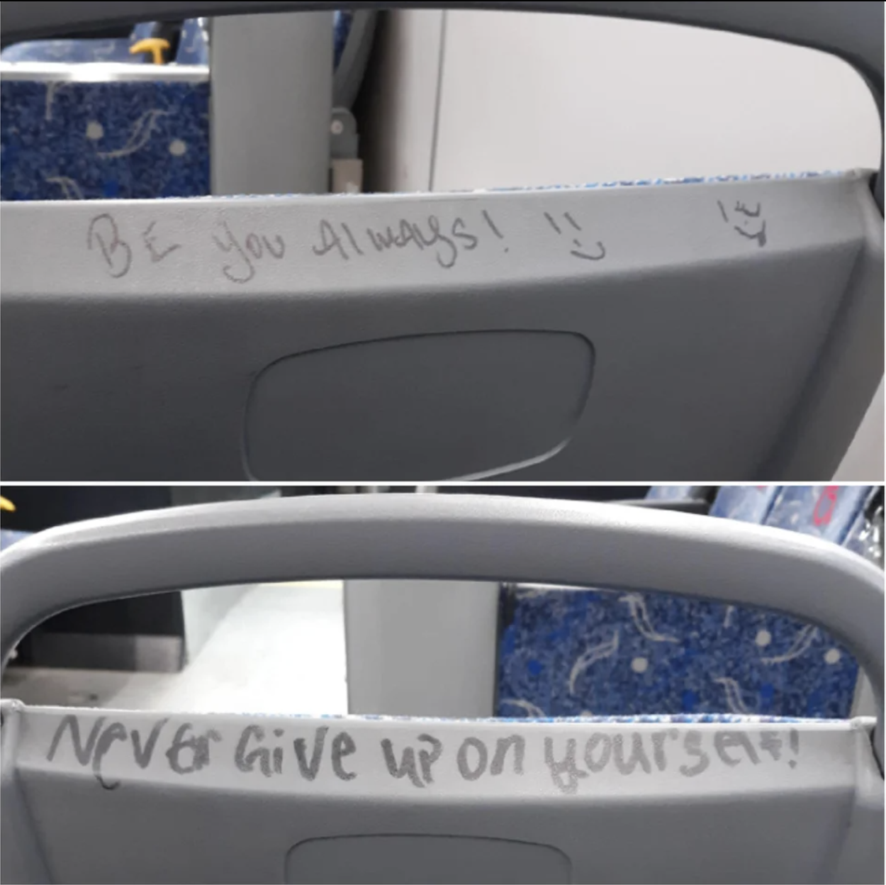 "Never give up on yourself" has been written on a bus seat