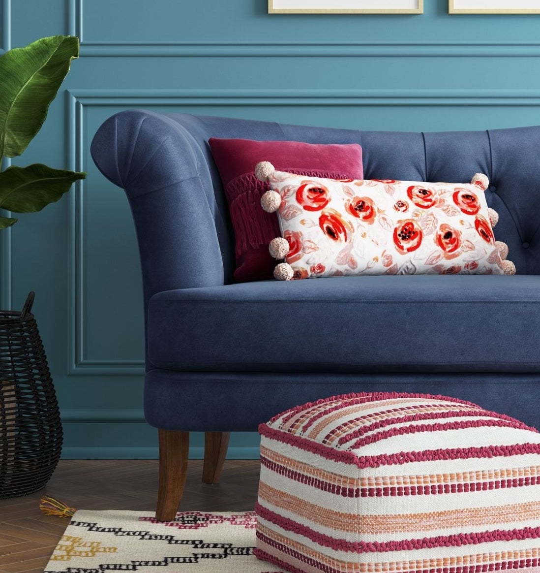 Global and wool pouf with tassels, tufting, and other textures