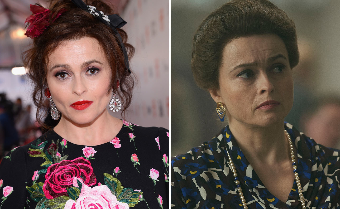 Helena Bonham Carter on a red carpet on the left and Helena Bonham Carter as Princess Margaret on the right