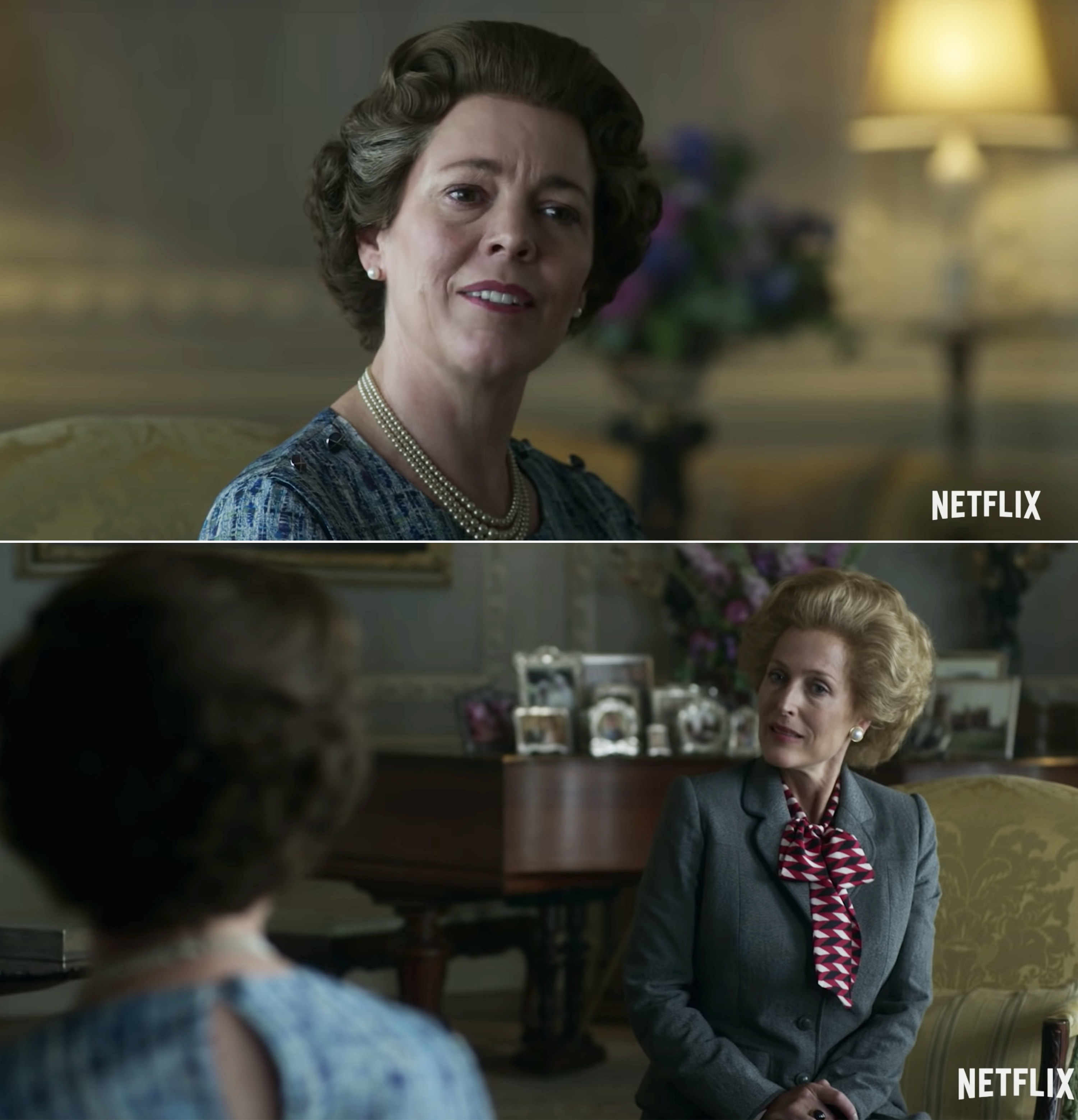 Queen Elizabeth II in conversation with Margaret Thatcher