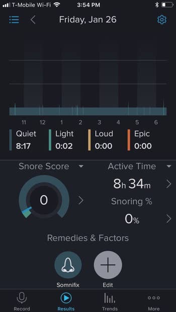 A reviewer's photo of their sleep tracker which shows a zero snore score after using the strips 