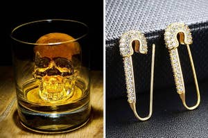 A skull ice cube / safety pin earrings