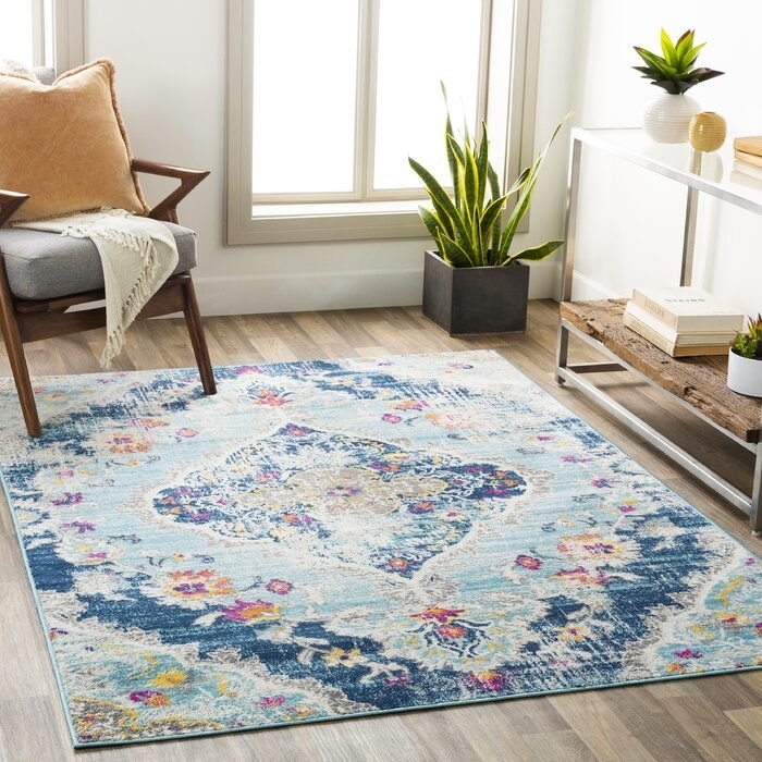 blue area rug in the middle of a living room