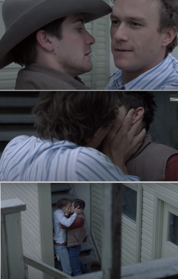 Jake Gyllenhaal and Heath Ledger&#x27;s characters passionately kissing after being reunited in &quot;Brokeback Mountain&quot;