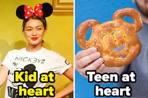 A woman wearing a headband with mouse ears next to a hand holding a mouse-shaped hot pretzel