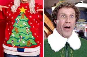 On the left, an "ugly" sweater with a Christmas tree on it, and the right, Buddy the Elf opening his mouth wide in surprise
