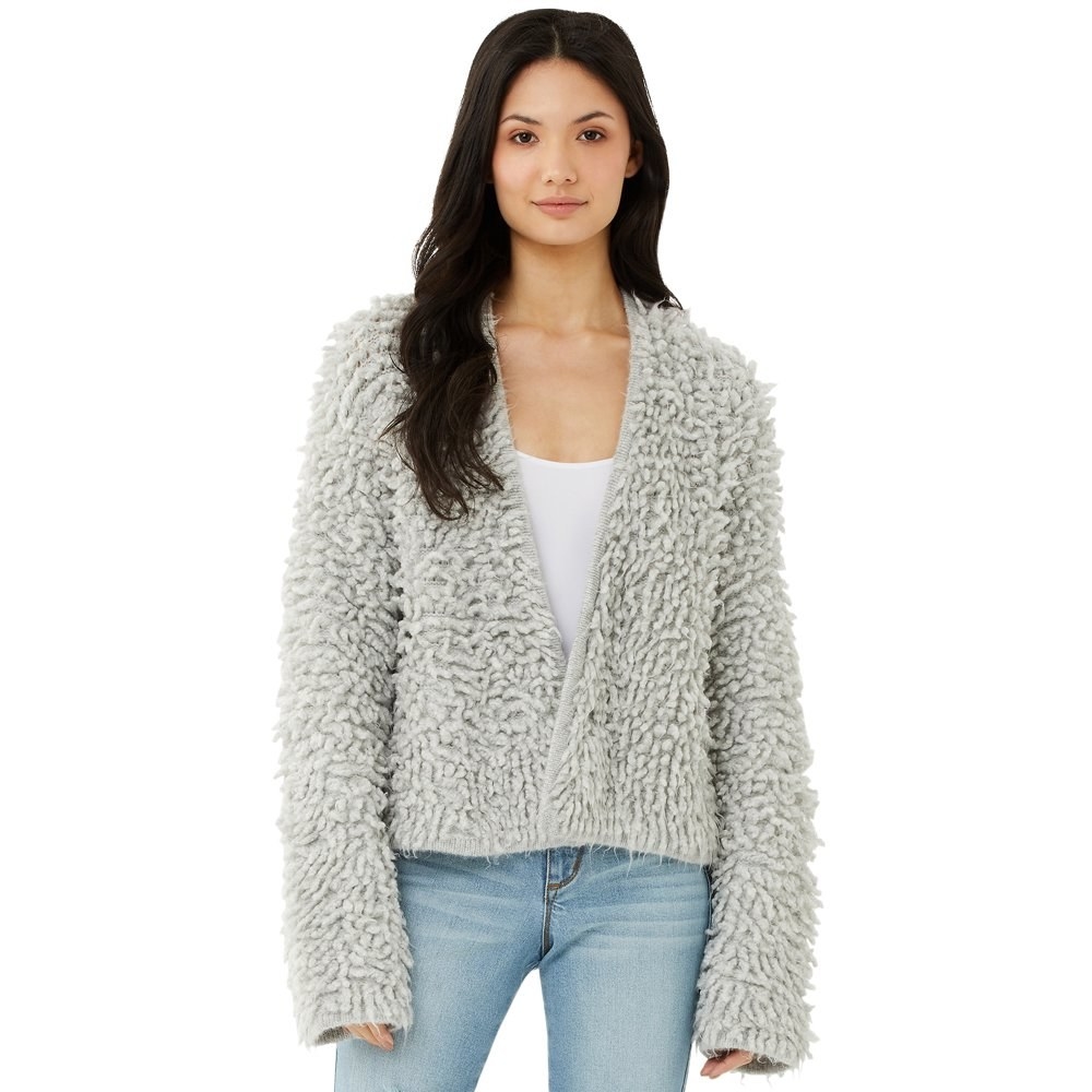 model wears shaggy open front gray cardigan