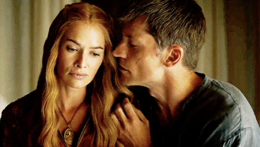 Jaime holding Cersei lovingly while she looks sad.