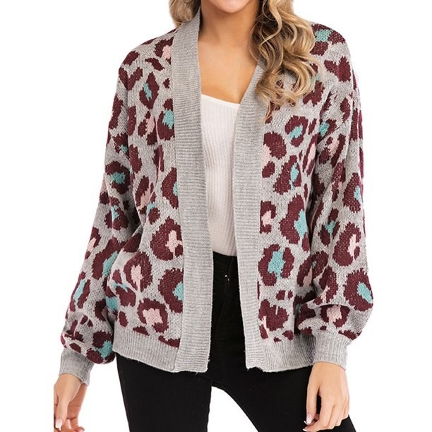model wears purple leopard print patterned gray cardigan sweater