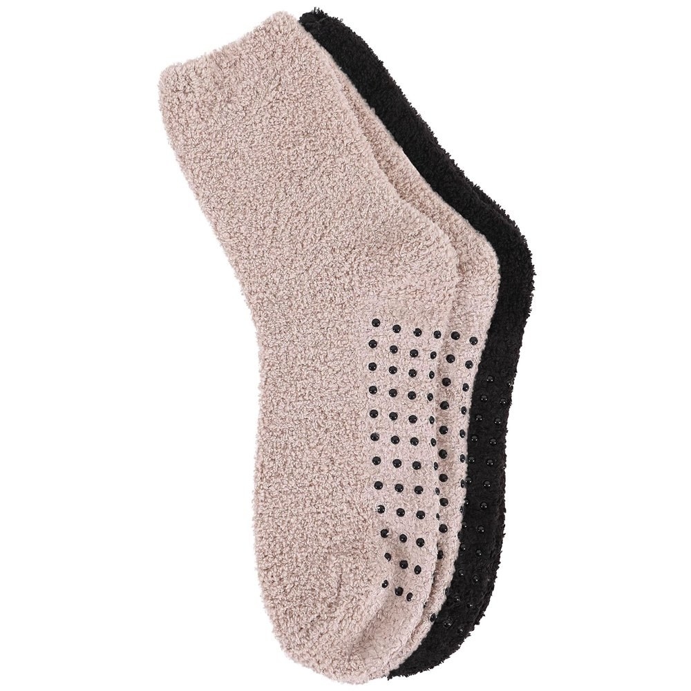 pack of fuzzy socks one pair is tan and the other is black