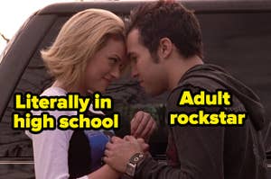 Peyton and Pete Wentz holding each other in one tree hill with the text "adult rockstar" next to pete and the text "literally in high school" next to peyton