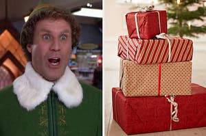 An image of Buddy the Elf next to an image of a stack of presents