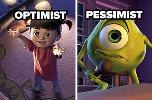 optimist and pessimist labels over boo and mike wazowski