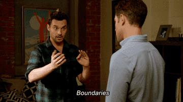 Nick (Jake Johnson) says, &quot;Boundaries,&quot; as he gestures a line with his hands on New Girl