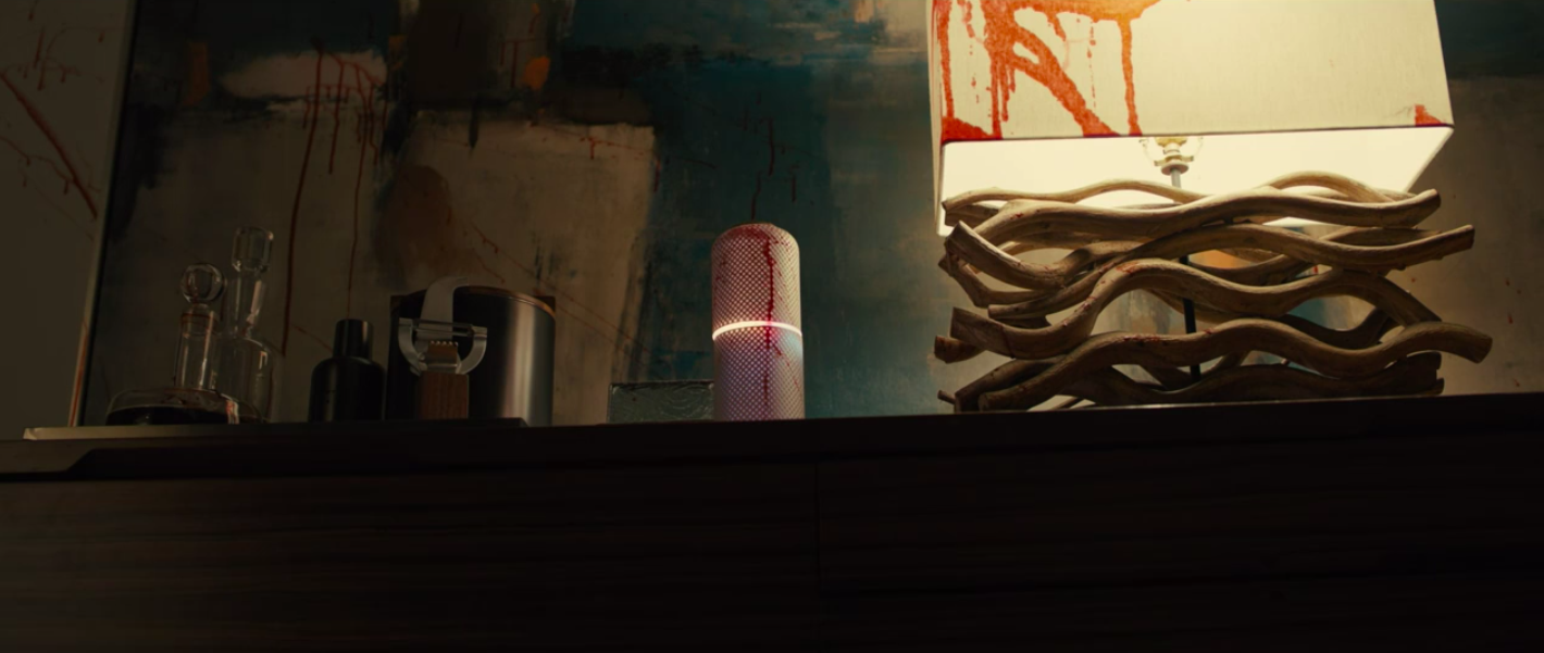 The smart speaker is covered in blood