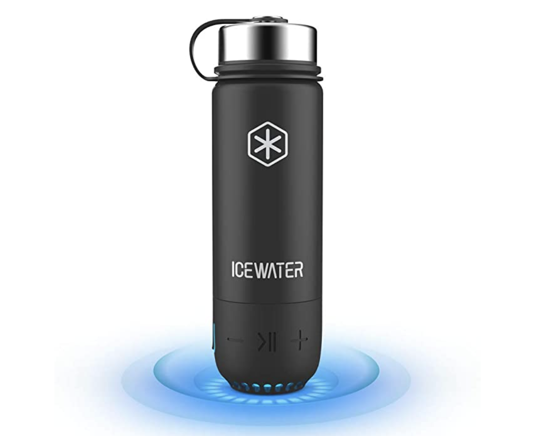 A black water bottle that's glowing from the bottom