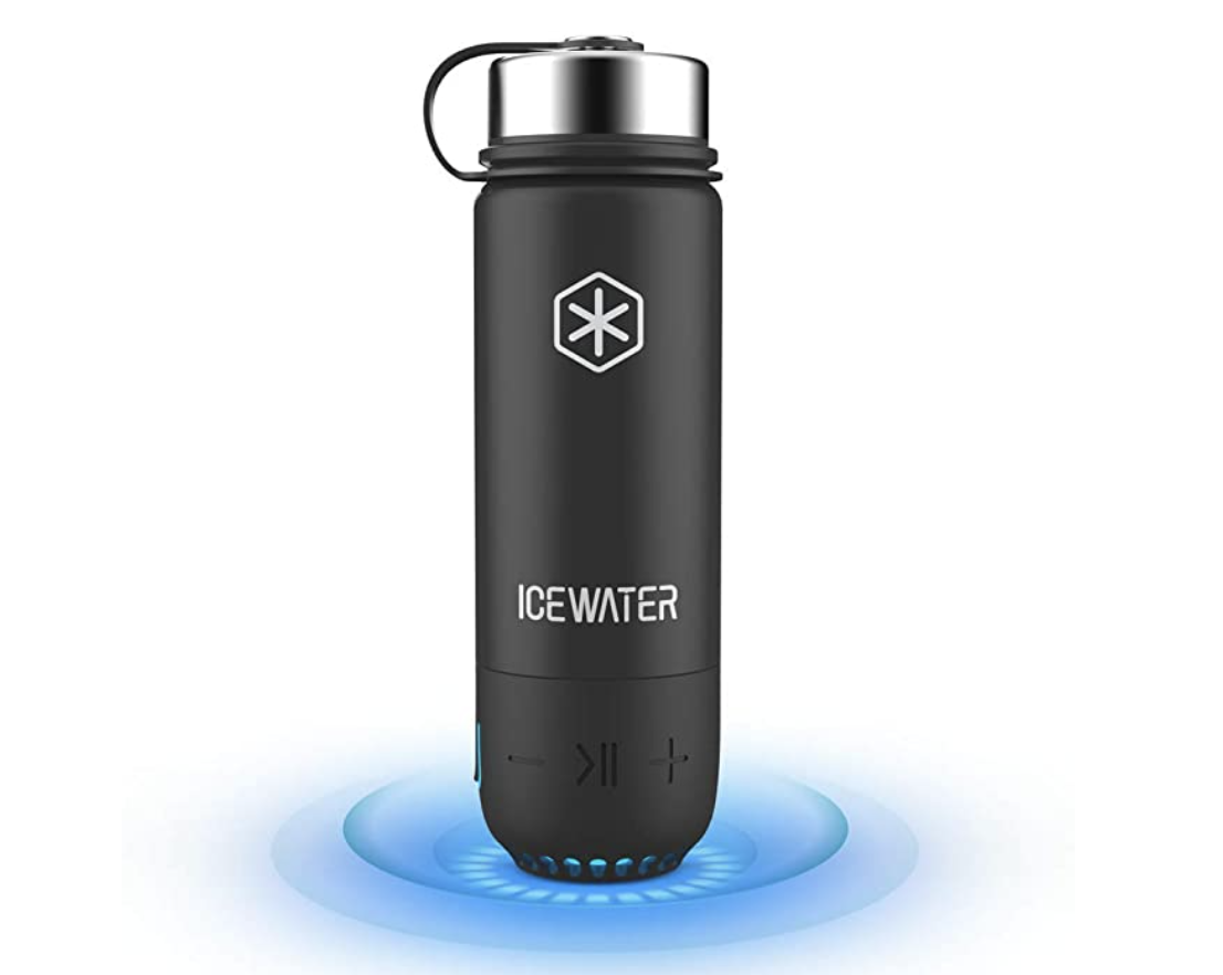 A black water bottle that&#x27;s glowing from the bottom