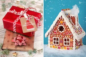 An image of a two presents next to a gingerbread house