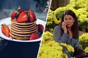 Lorali Gilmore surrounded by flowers next to a stack of pancakes