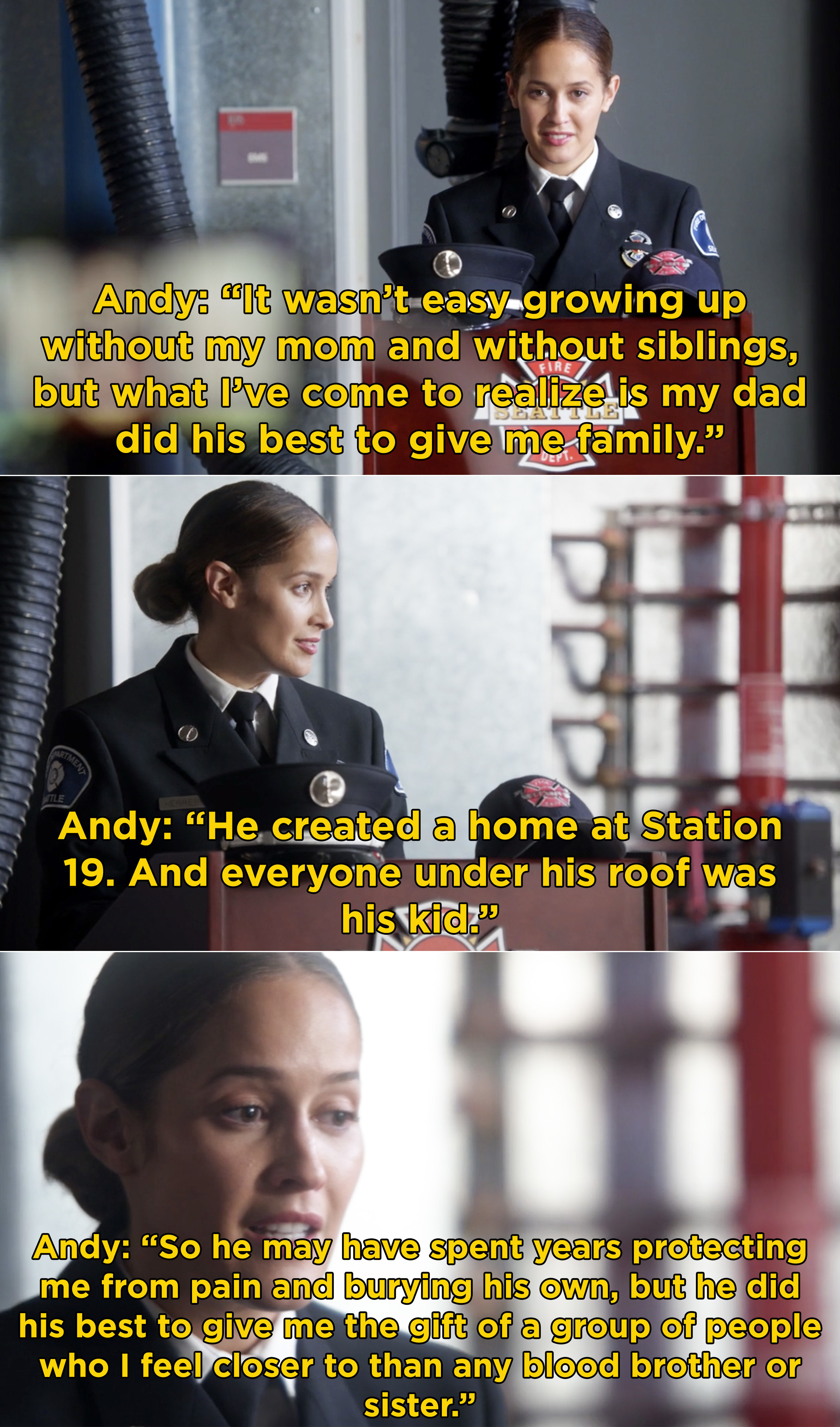 Andy saying that her dad created a home for her at Station 19 because everyone is close to her than any blood brother or sister would be