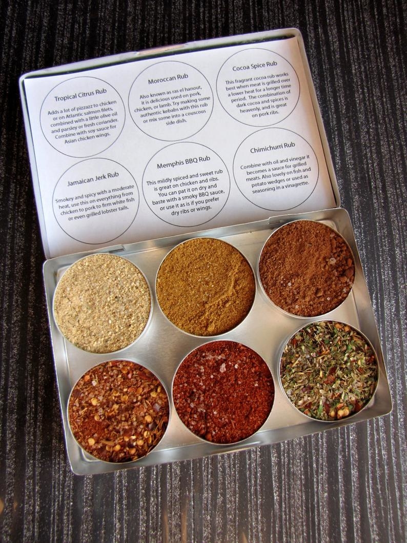 box of six spices in jars