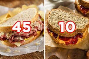 On the left, a Reuben sandwich labeled "45," and on the right, a PB&J labeled "10"