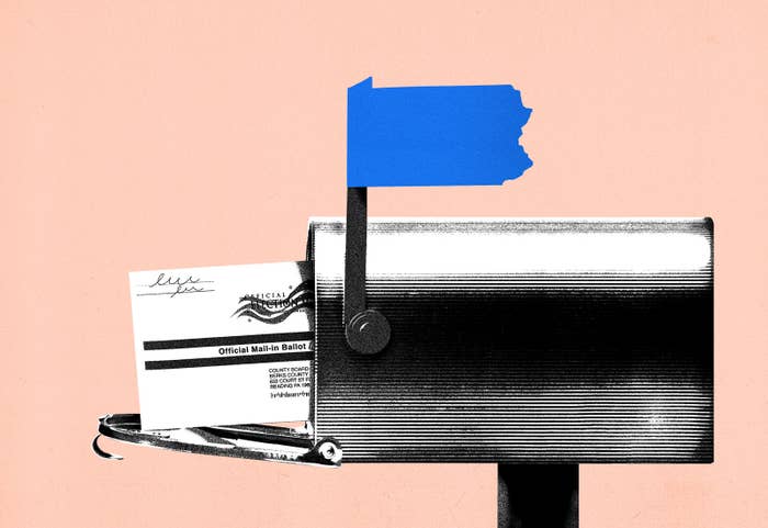 An illustration of a mailbox with a ballot in it and a mailbox flag in the shape of Pennsylvania