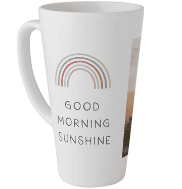 a gif of a spinning mug, one side has a rainbow on it and the words good morning sunshine while the other has a photo 