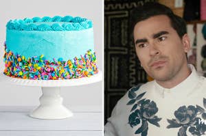 On the left, a bright, birthday-style cake with sprinkles across the bottom half, and on the right, Dan Levy as David Rose on "Schitt's Creek"