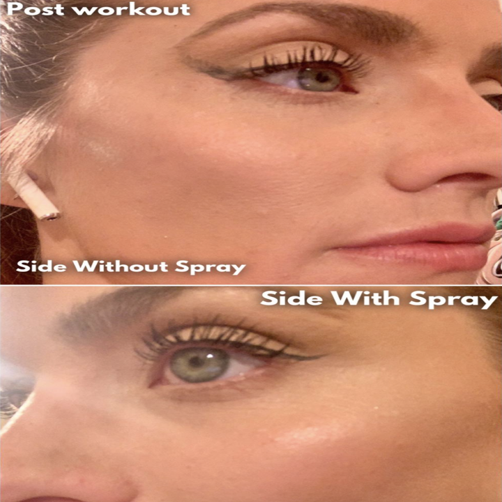 Reviewer image showing both side of face after a workout. The side without spray shows makeup smudging and the side with the spray shows in-tact makeup.