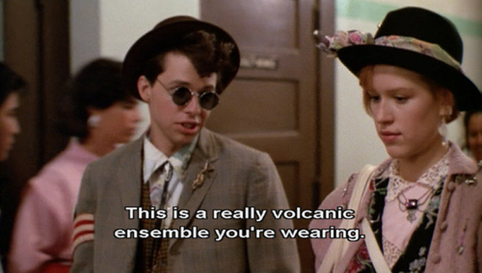 Duckie and Andie walking down the hall together, telling her: &quot;This is a really volcanic ensemble you&#x27;re wearing&quot;