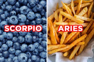 On the left, a bunch of blueberries labeled 