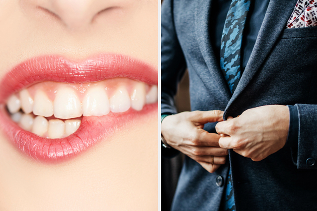 A close up of a woman biting her lip and a close up of a man wearing a stylish suit
