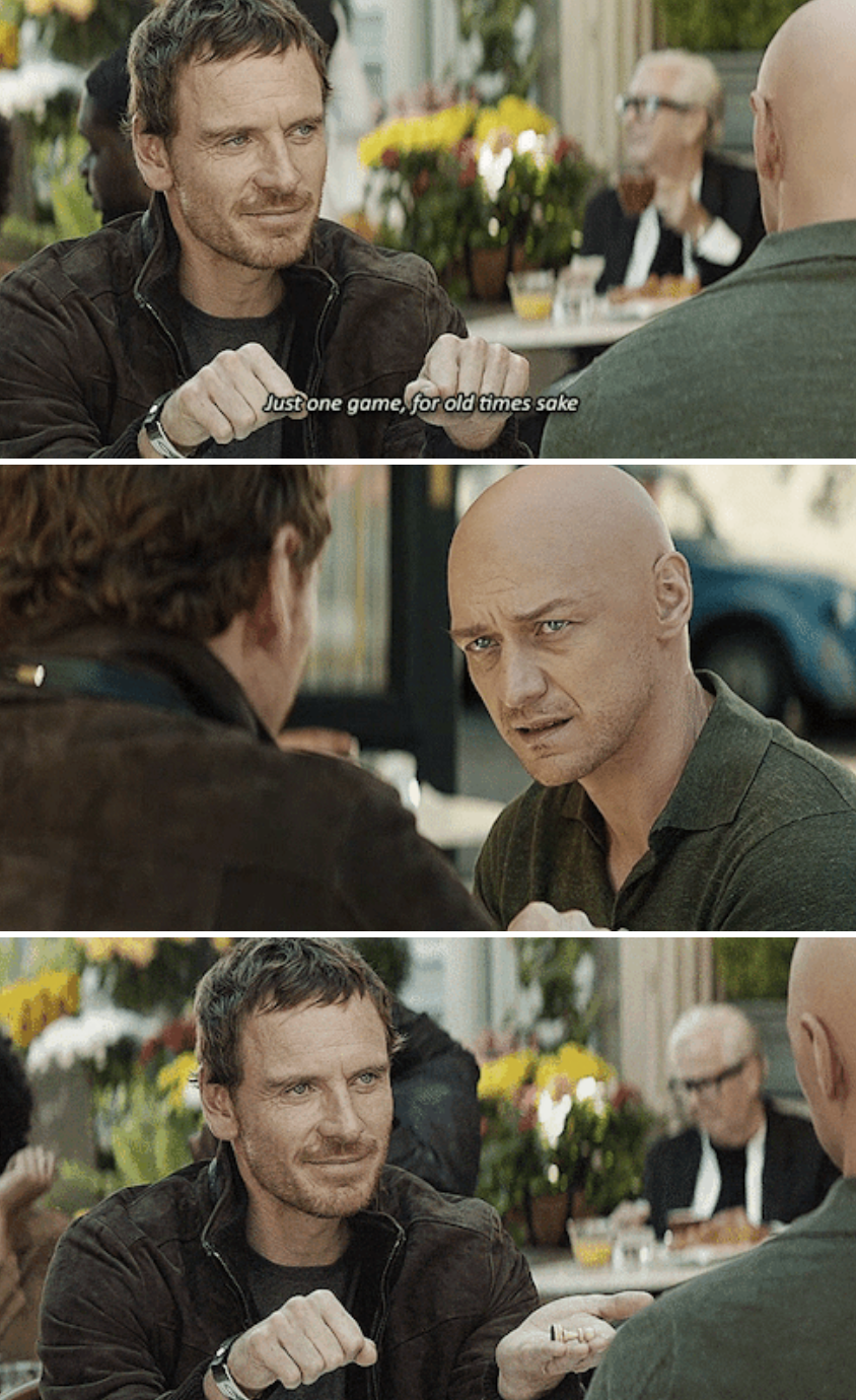 Magneto and Professor Charles Xavier sitting at an outdoor café together