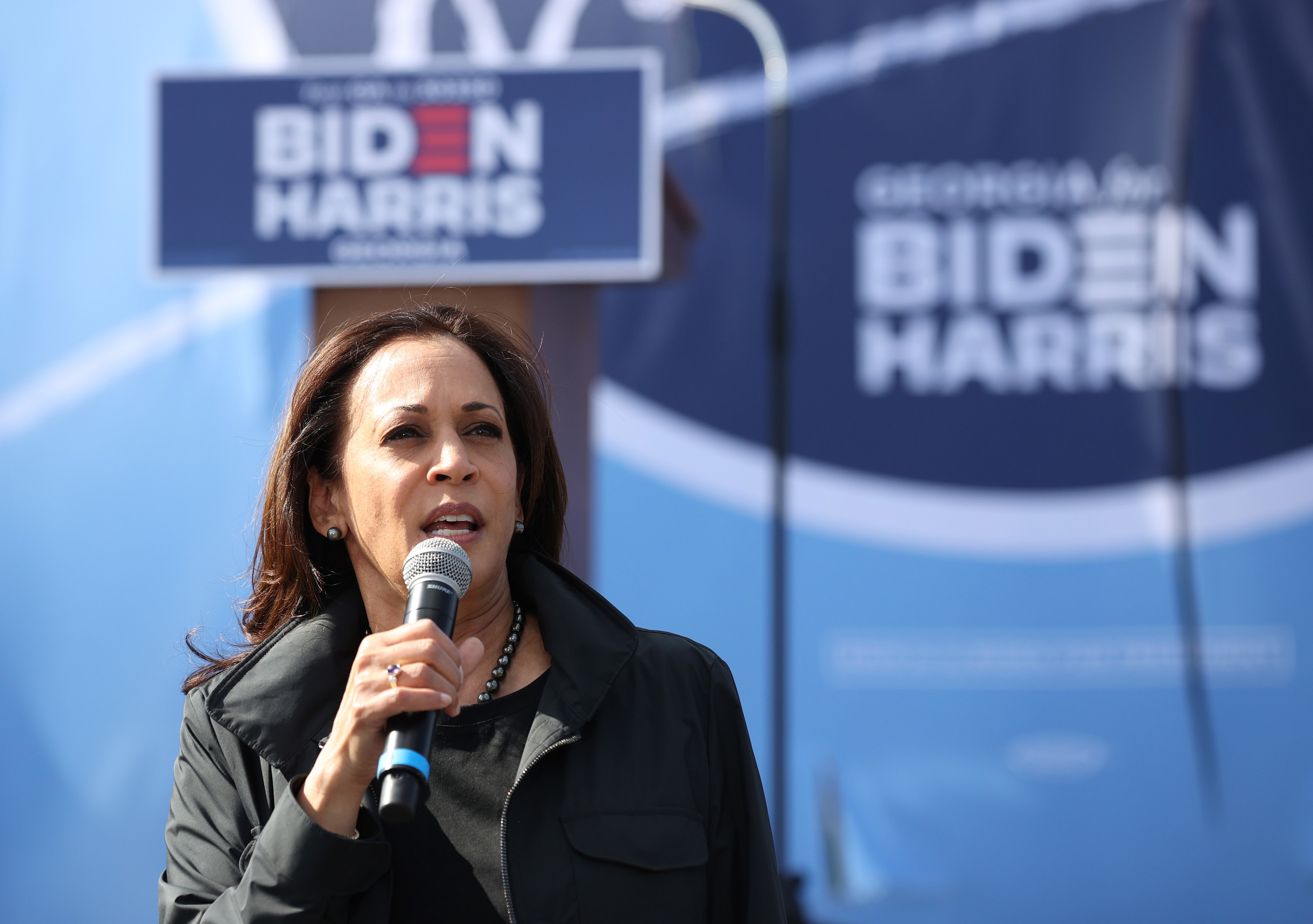 Kamala Harris speaking at a presidential campaign event