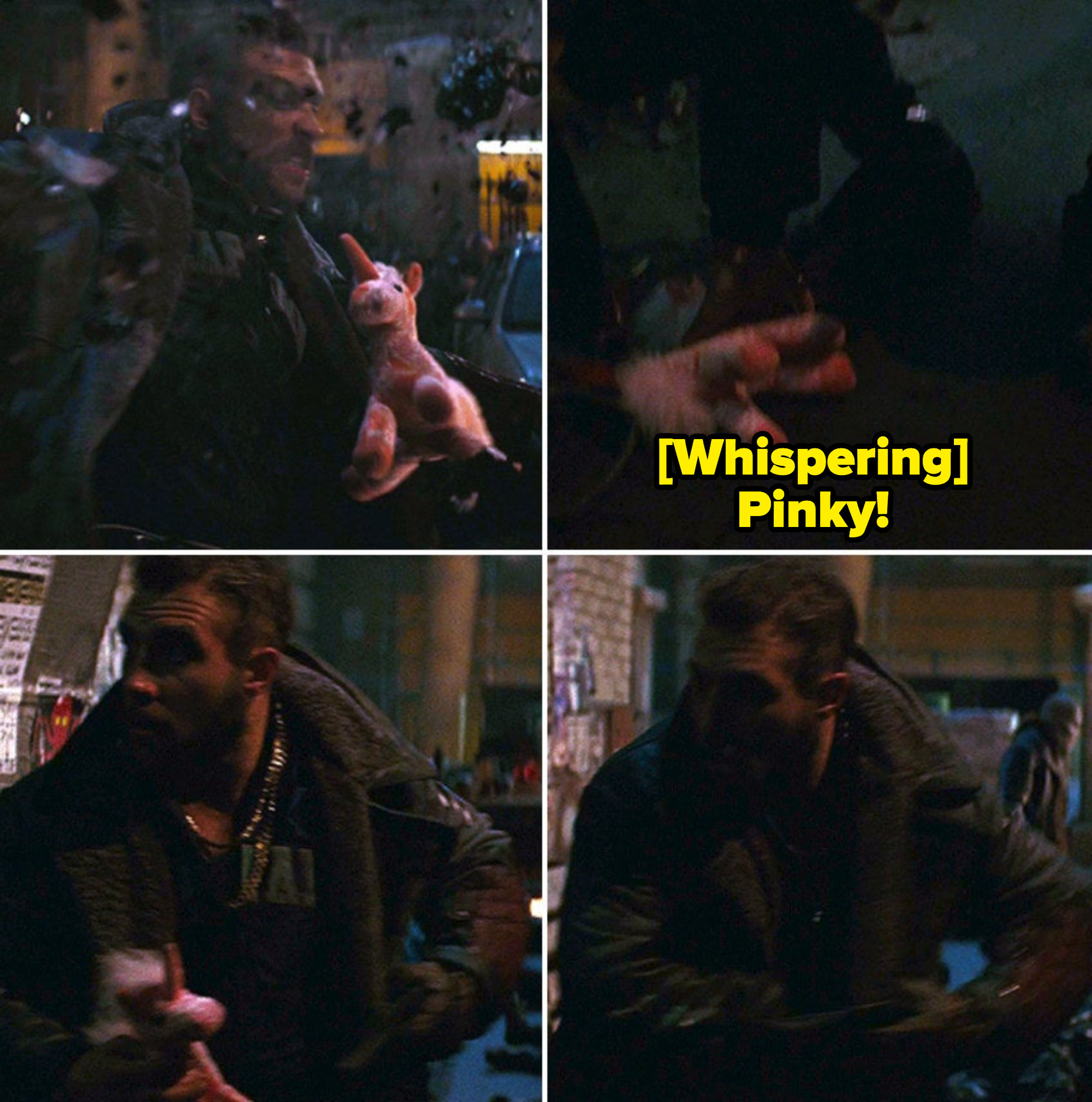 Captain Boomerang dropping his stuffed animal, Pinky, after punching someone in a street fight