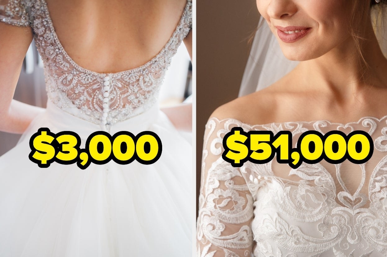 Two wedding dresses side by side, one is $3,000 and the other is $51,000