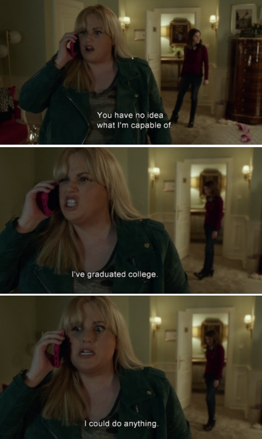 Fat Amy threatening someone on the phone in her hotel room