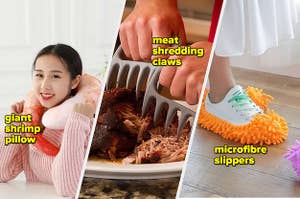 A person wearing a shrimp shaped pillow around their neck, A person shredding meat with metal claws, A person wearing microfibre slippers over their shoes while they clean