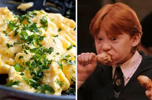 Split Image; Scrambled eggs on the left and ron eating a turkey leg on the right